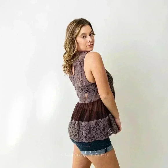 Free People Plum Sheer Needle Lace Sleeveless Tank Blouse - Picture 2 of 6